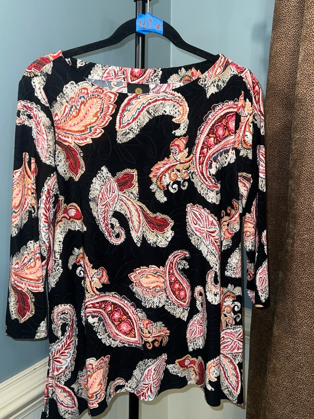 JM Collection Black Long Sleeve Paisley Print Top with Pink and Cream Accents